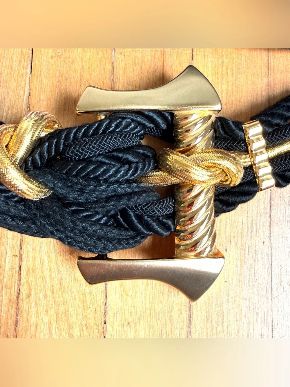Carolyn Tanner Design 1980’s STATEMENT BELT Vintage Huge GOLD Buckle Black Rope
